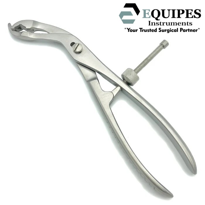BONE HOLDING FORCEPS, SELF-RETAINING, 19CM SERRATED JAW, ANGLED WITH SIDE LOCK — Orthopedic Instruments by EQUIPES Instruments