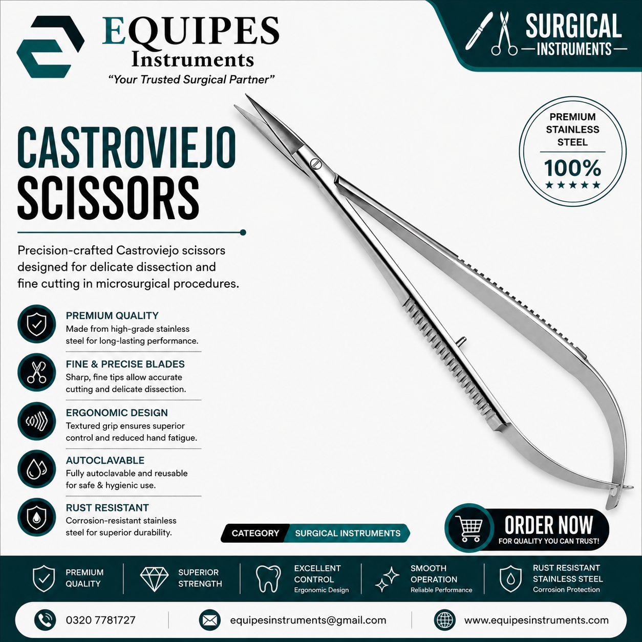 Castroviejo Scissors Straight — Surgical Instruments by EQUIPES Instruments