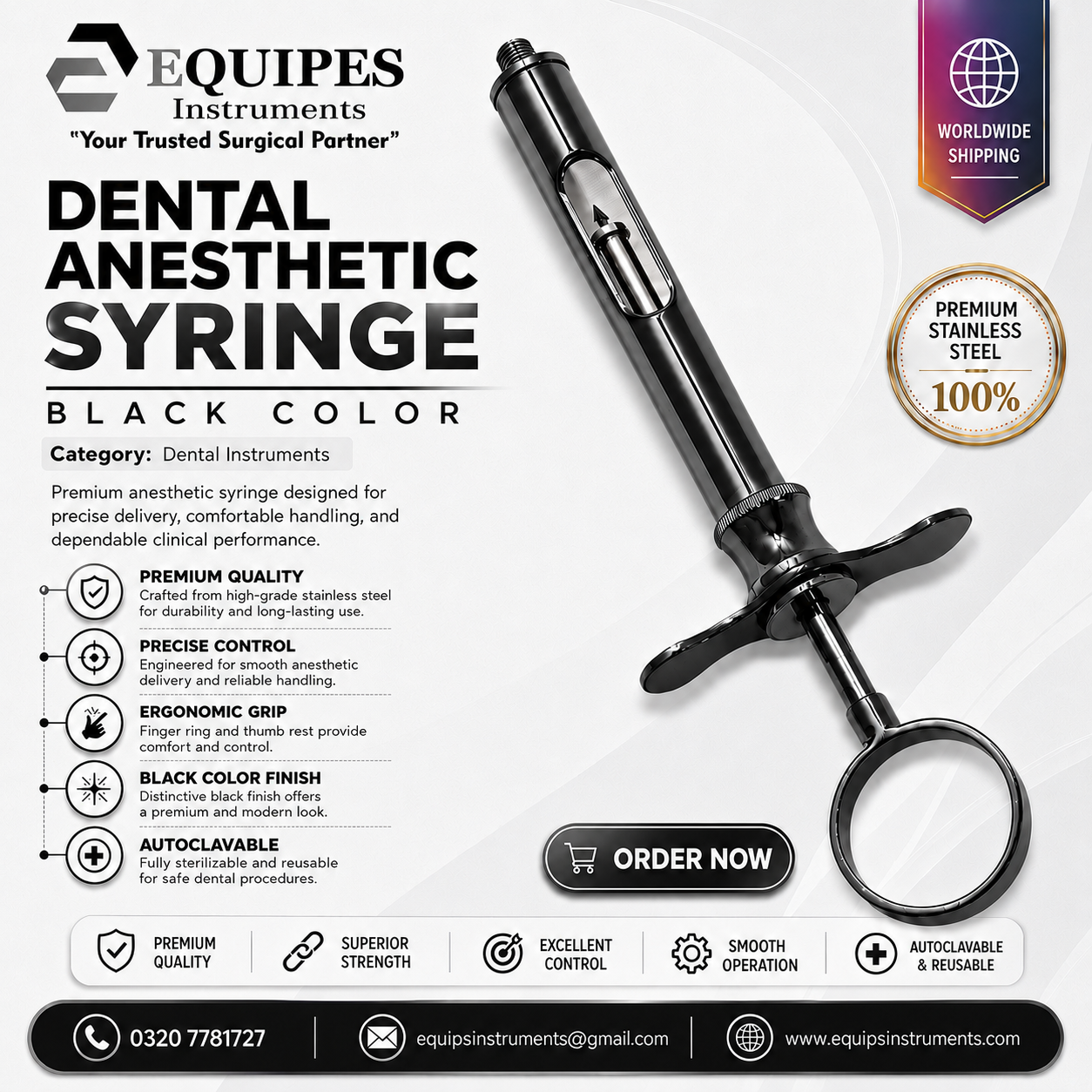 Dental Anesthetic Syringe Self-Aspirating CW Type 1.8ML - CW Aspirating Syringe - Black Color Dental Instruments — Dental Instruments by EQUIPES Instruments