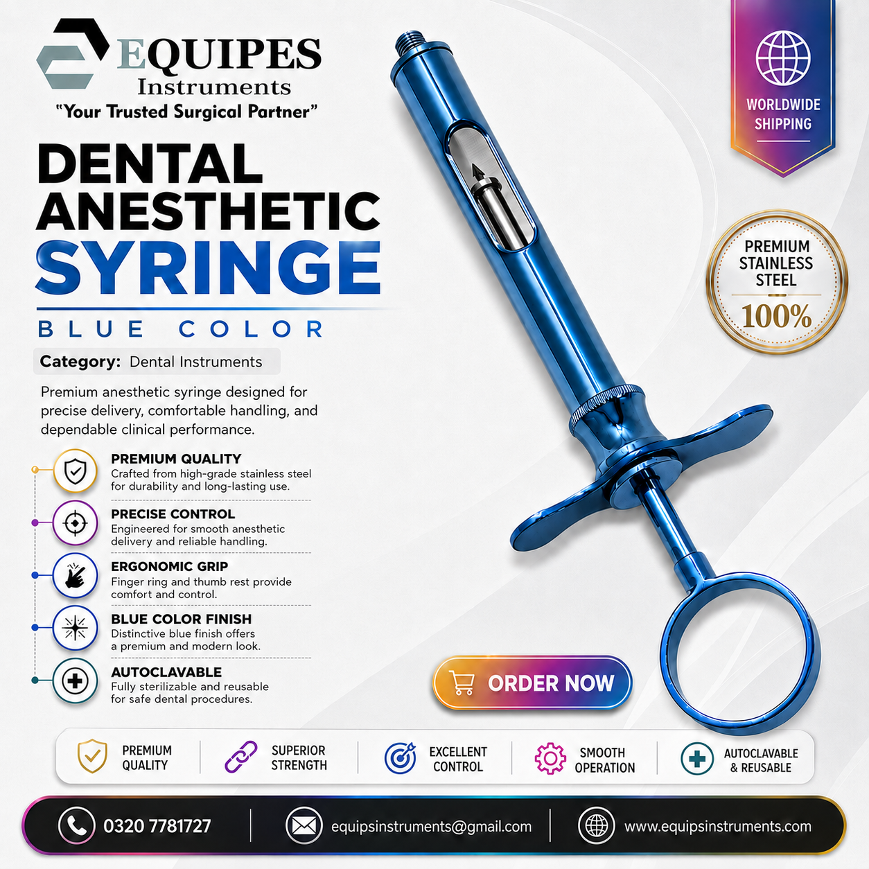 Dental Anesthetic Syringe Self-Aspirating CW Type 1.8ML - CW Aspirating Syringe - Blue Color Dental Instruments — Dental Instruments by EQUIPES Instruments
