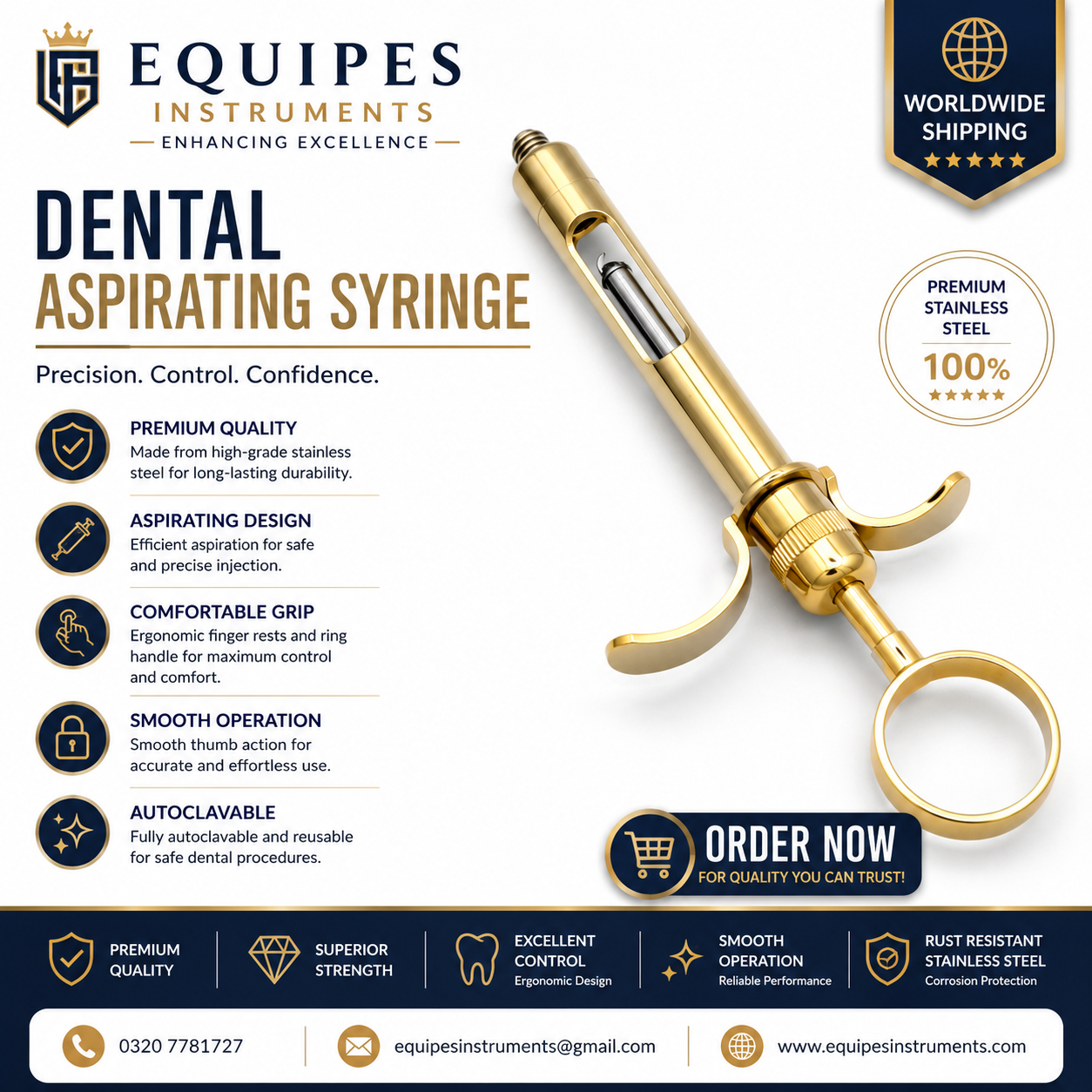 Dental Instruments Aspirating Dental Syringe 1.8ML - Self Aspirating Syringe Gold Color Stainless Steel CE — Dental Instruments by EQUIPES Instruments