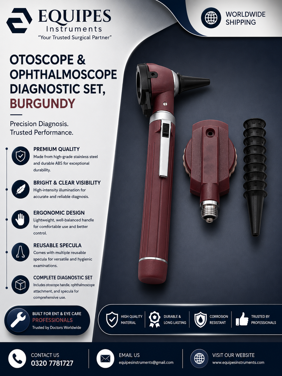 FIBER OPTIC LED POCKET OTOSCOPE & OPHTHALMOSCOPE DIAGNOSTIC SET - BURGUNDY — ENT Instruments by EQUIPES Instruments