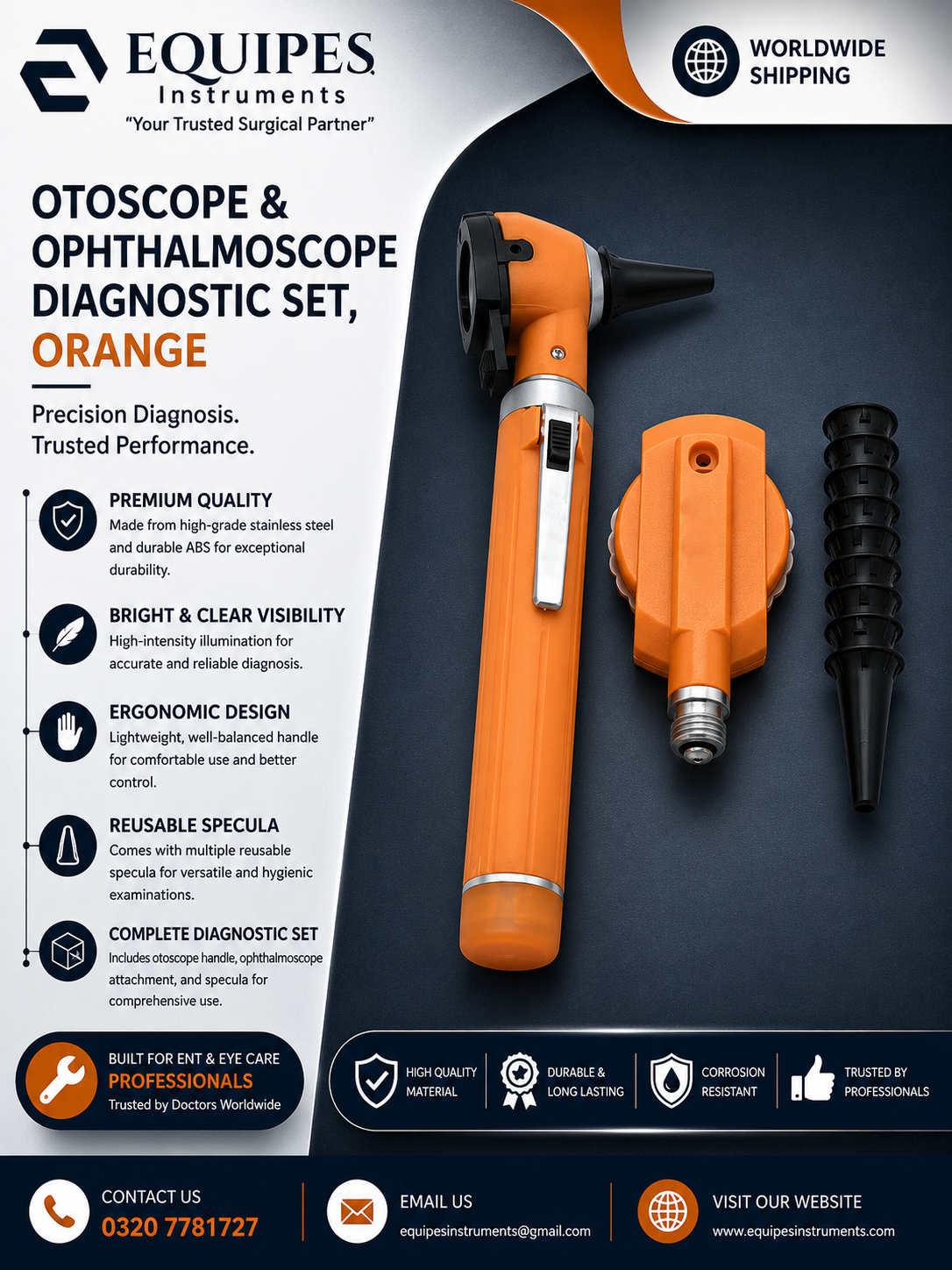 FIBER OPTIC LED POCKET OTOSCOPE & OPHTHALMOSCOPE DIAGNOSTIC SET - ORANGE — ENT Instruments by EQUIPES Instruments