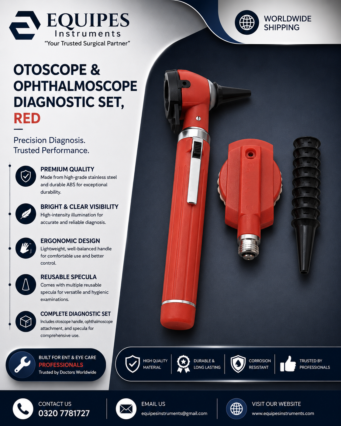 FIBER OPTIC LED POCKET OTOSCOPE & OPHTHALMOSCOPE DIAGNOSTIC SET - RED — ENT Instruments by EQUIPES Instruments