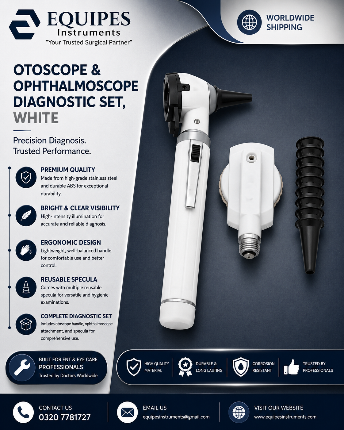 FIBER OPTIC LED POCKET OTOSCOPE & OPHTHALMOSCOPE DIAGNOSTIC SET - WHITE — ENT Instruments by EQUIPES Instruments