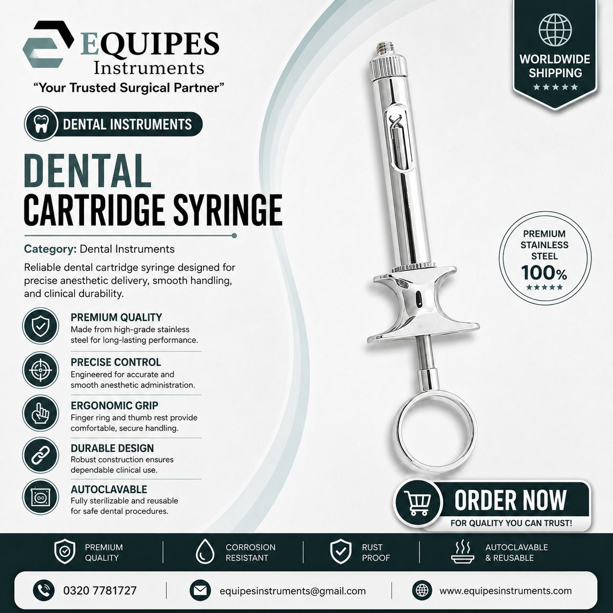 Manual Dental Aspirating Syringe 1.8ml European Thread Surgical Cartridge Ergonomic Dental Surgical Instruments — Dental Instruments by EQUIPES Instruments