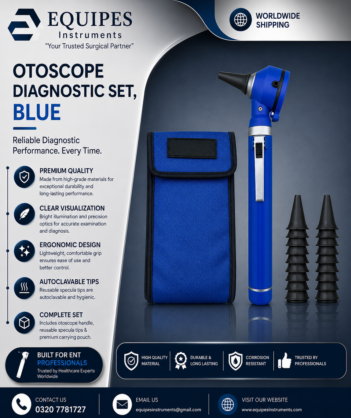 Physician Fiber Optic LED Pocket Otoscope Diagnostic Set, Blue — ENT Instruments by EQUIPES Instruments