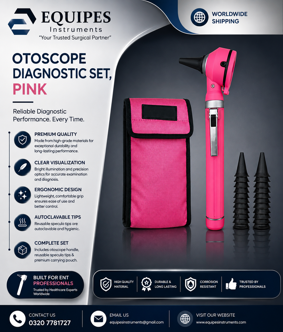 Physician Fiber Optic LED Pocket Otoscope Diagnostic Set, Pink — ENT Instruments by EQUIPES Instruments