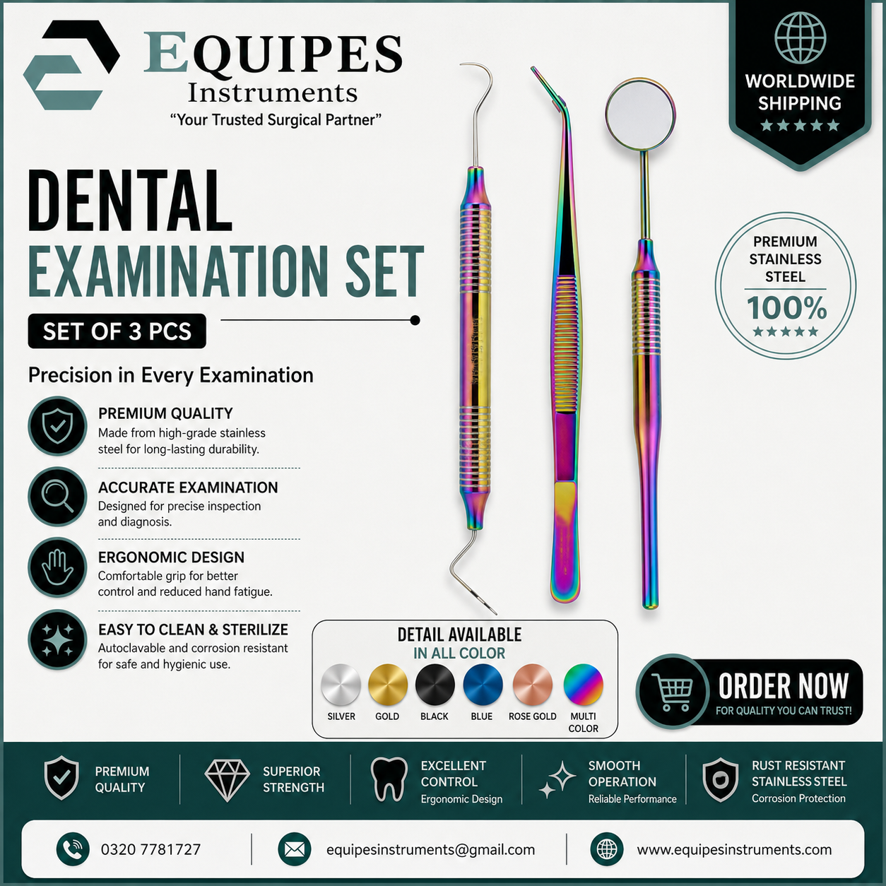 Set of 3 Instruments Basic Dental Set Mirror Explorer College Cotton Plier Hollow Handle Dental Instruments — Dental Instruments by EQUIPES Instruments